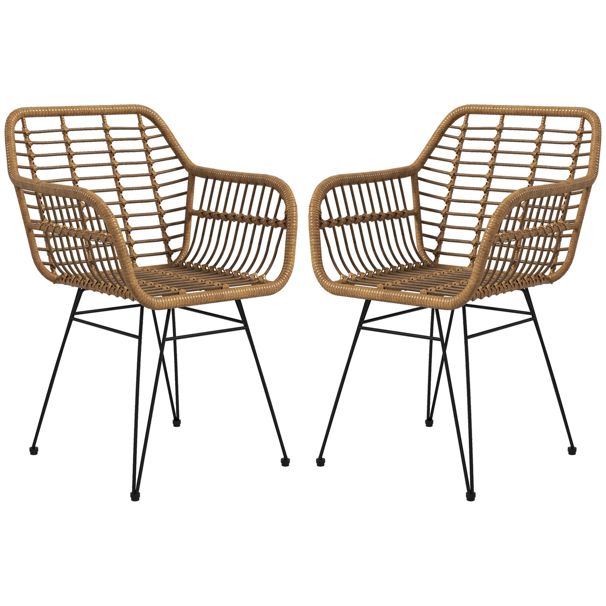 Dining Chairs Set of 2 Kitchen Chair with Backrest, Synthetic Rattan-Look, Chair with Foot Cushion, Living Room Chair, Chairs with Steel Legs for Dining Table, Light Brown+Black