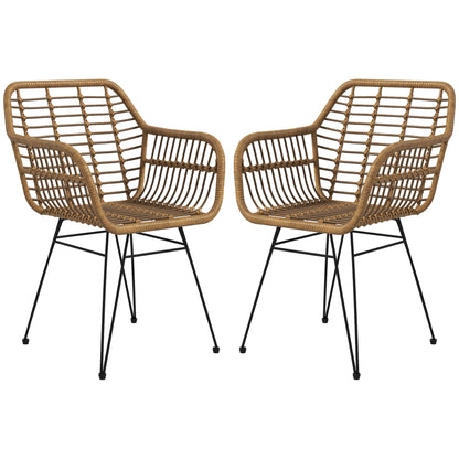 Dining Chairs Set of 2 Kitchen Chair with Backrest, Synthetic Rattan-Look, Chair with Foot Cushion, Living Room Chair, Chairs with Steel Legs for Dining Table, Light Brown+Black