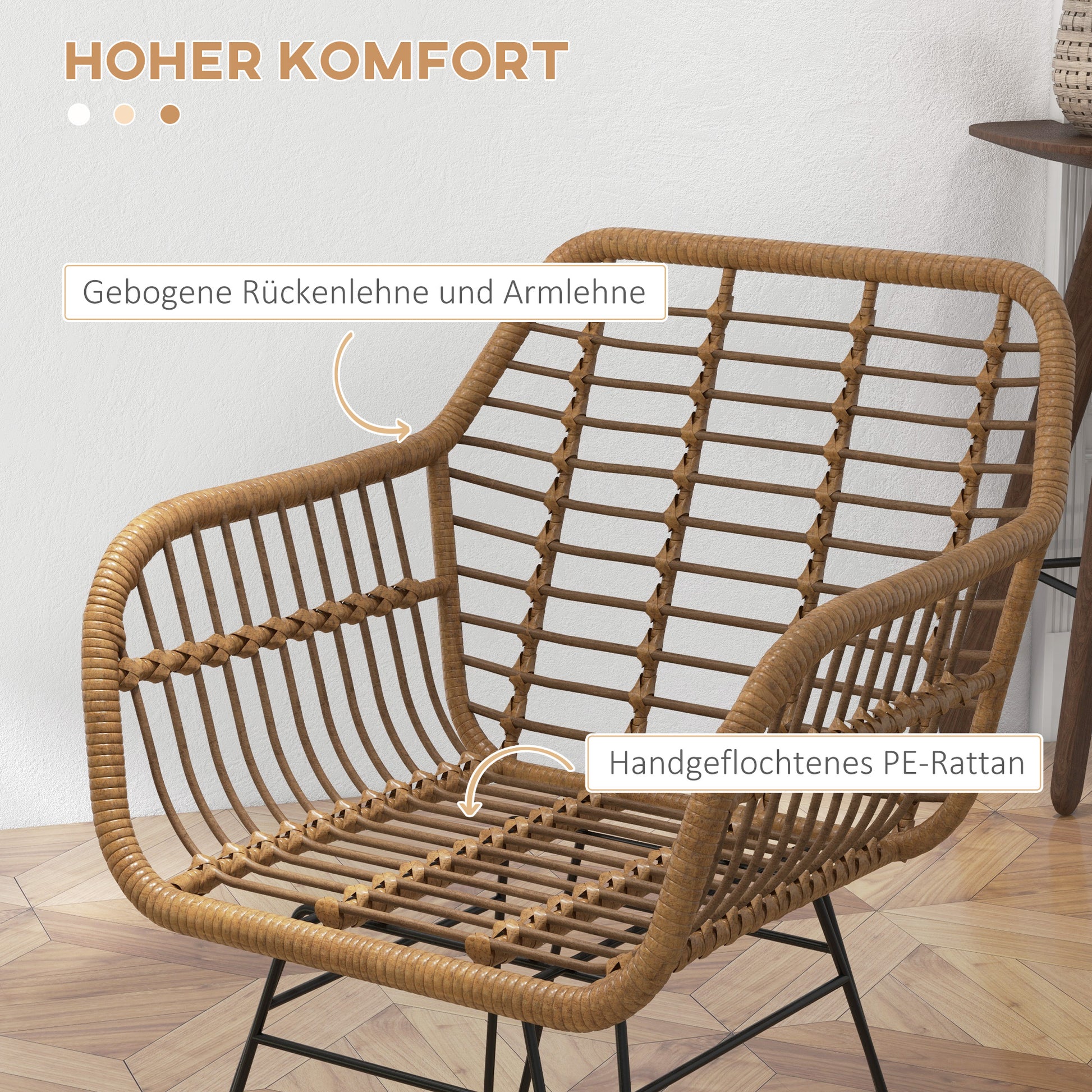 Dining Chairs Set of 2 Kitchen Chair with Backrest, Synthetic Rattan-Look, Chair with Foot Cushion, Living Room Chair, Chairs with Steel Legs for Dining Table, Light Brown+Black