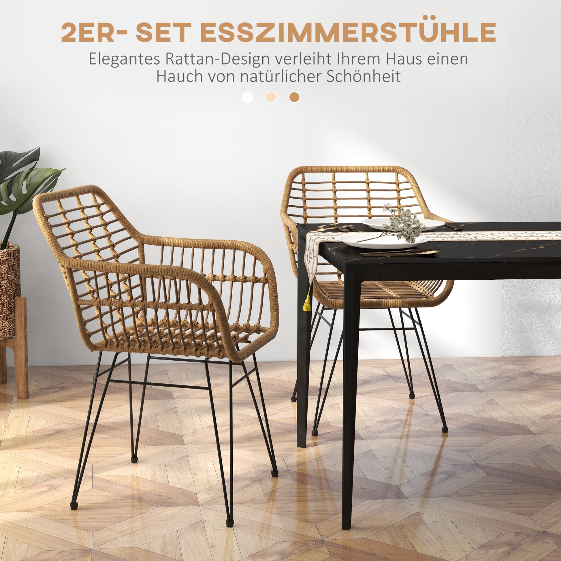 Dining Chairs Set of 2 Kitchen Chair with Backrest, Synthetic Rattan-Look, Chair with Foot Cushion, Living Room Chair, Chairs with Steel Legs for Dining Table, Light Brown+Black