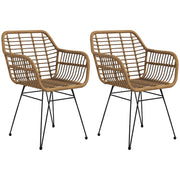 Dining Chairs Set of 2 Kitchen Chair with Backrest, Synthetic Rattan-Look, Chair with Foot Cushion, Living Room Chair, Chairs with Steel Legs for Dining Table, Light Brown+Black