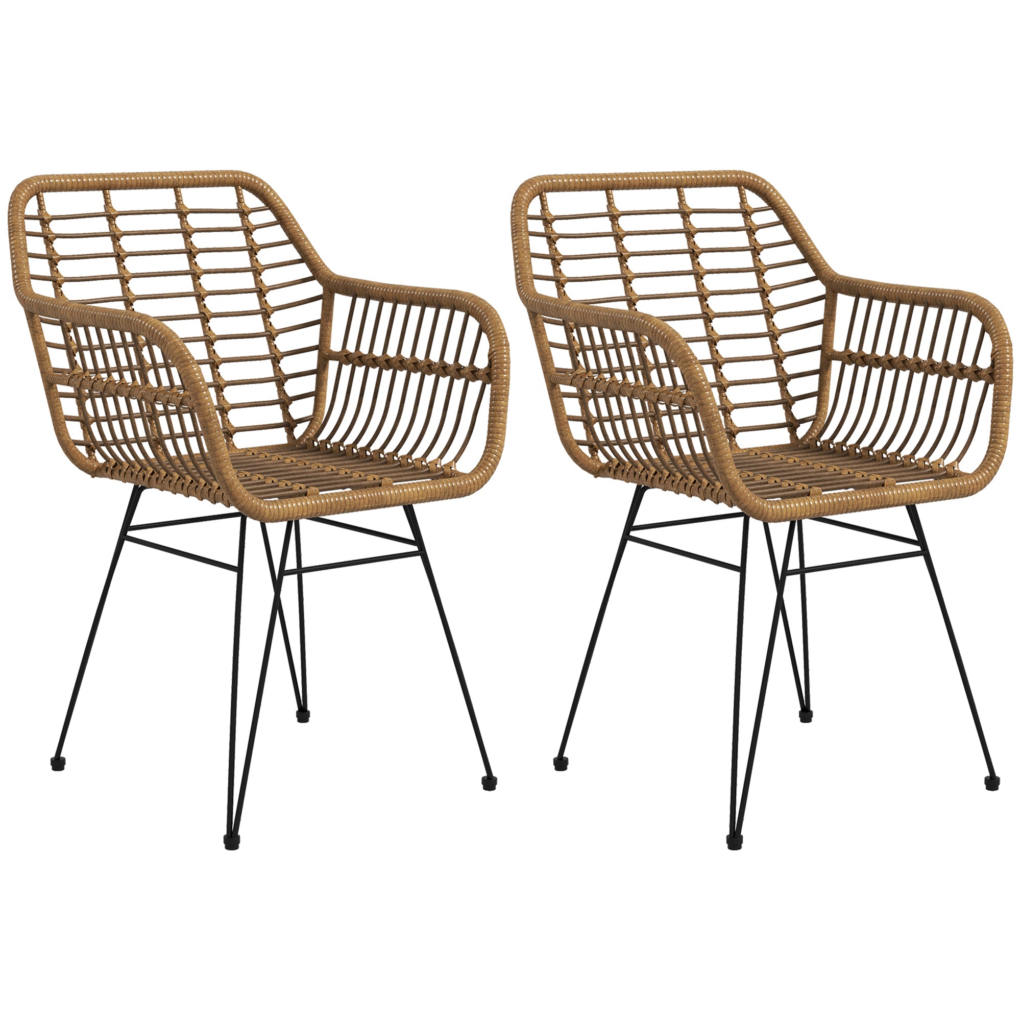 Dining Chairs Set of 2 Kitchen Chair with Backrest, Synthetic Rattan-Look, Chair with Foot Cushion, Living Room Chair, Chairs with Steel Legs for Dining Table, Light Brown+Black