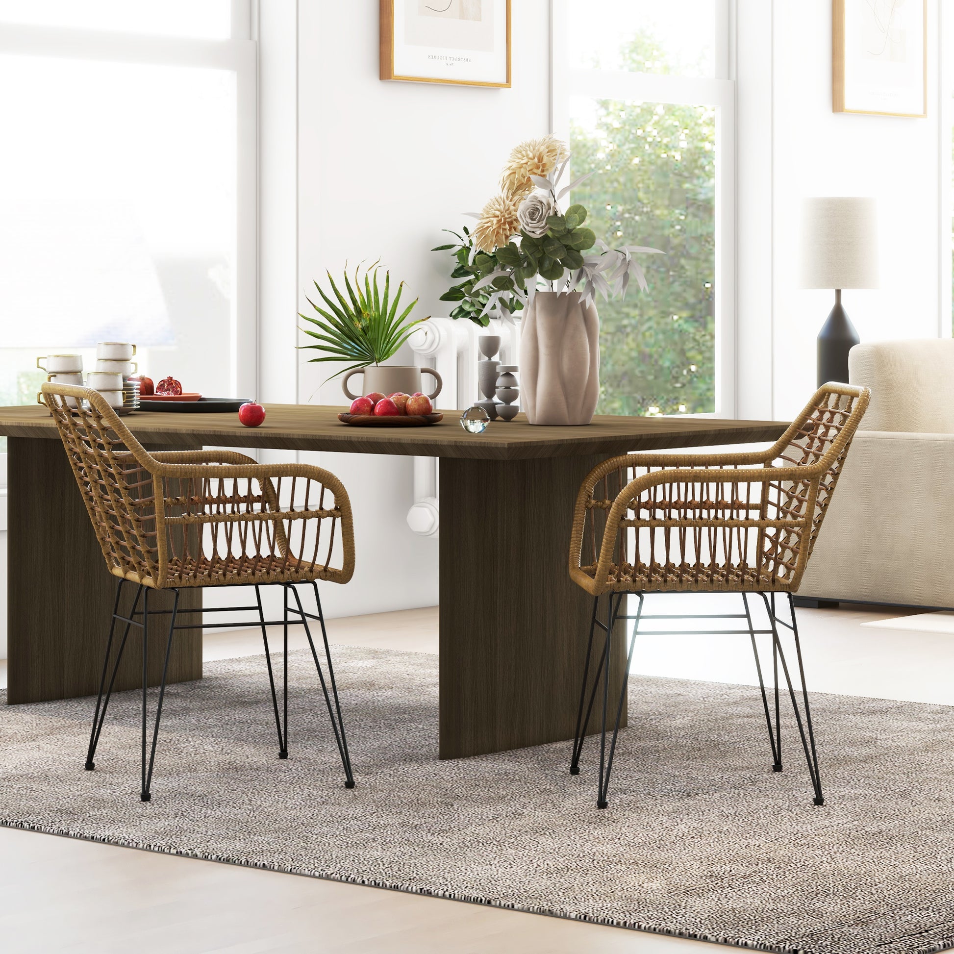 Dining Chairs Set of 2 Kitchen Chair with Backrest, Synthetic Rattan-Look, Chair with Foot Cushion, Living Room Chair, Chairs with Steel Legs for Dining Table, Light Brown+Black