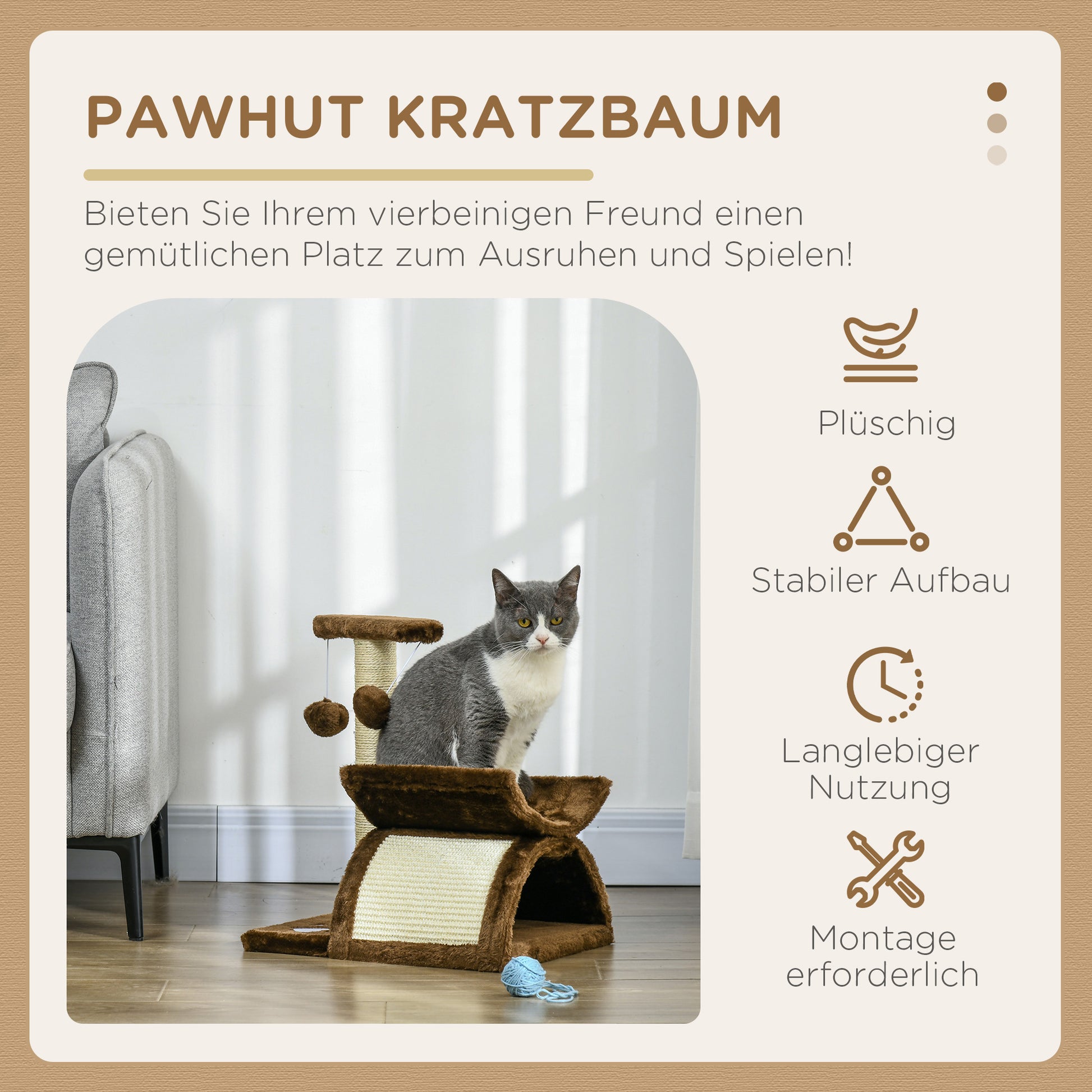 Small Cat Scratching Tree Cat Play Tree Scratching Post for Cats with Toy Ball Brown L40 x W30 x H43 cm