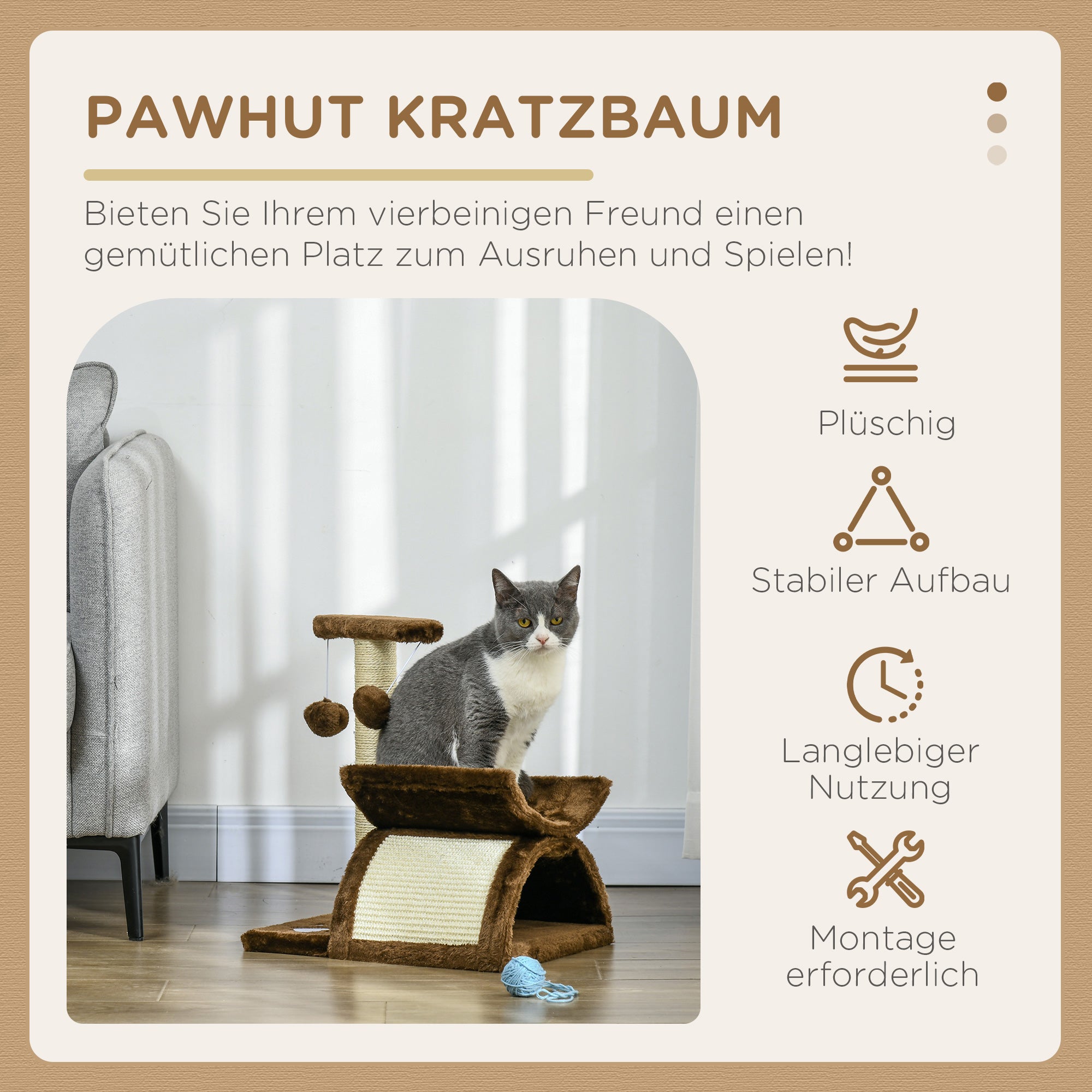 Small Cat Scratching Tree Cat Play Tree Scratching Post for Cats with Toy Ball Brown L40 x W30 x H43 cm