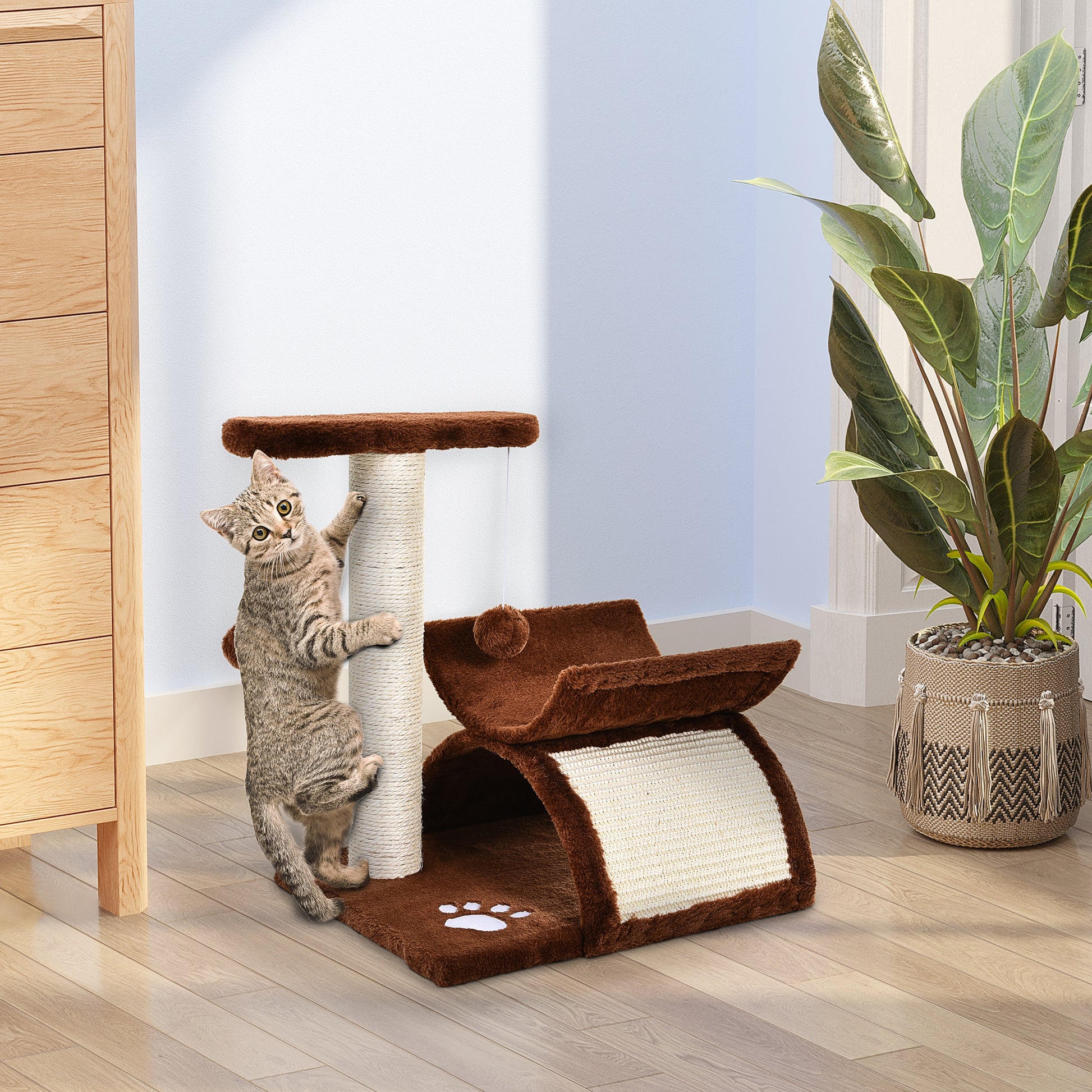 Small Cat Scratching Tree Cat Play Tree Scratching Post for Cats with Toy Ball Brown L40 x W30 x H43 cm