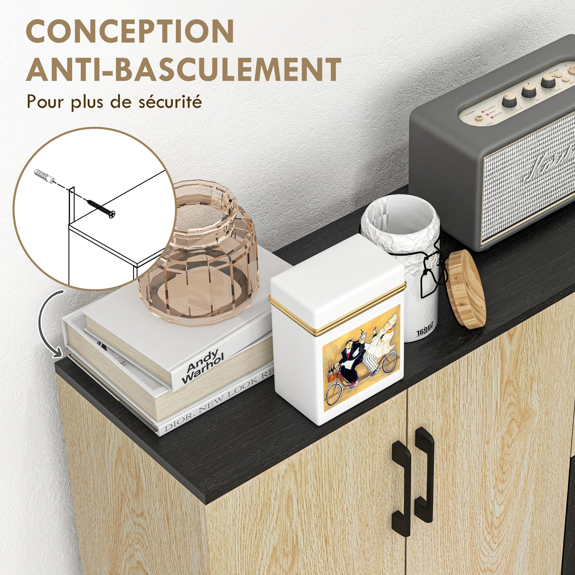 Storage Cabinet, Sideboard, Kitchen Cupboard, 2 Cupboards, Adjustable Shelf, 2 Drawers, Contemporary Style, for Living Room, Kitchen, Dining Room, 90 x 30 x 75.5 cm, Natural Black