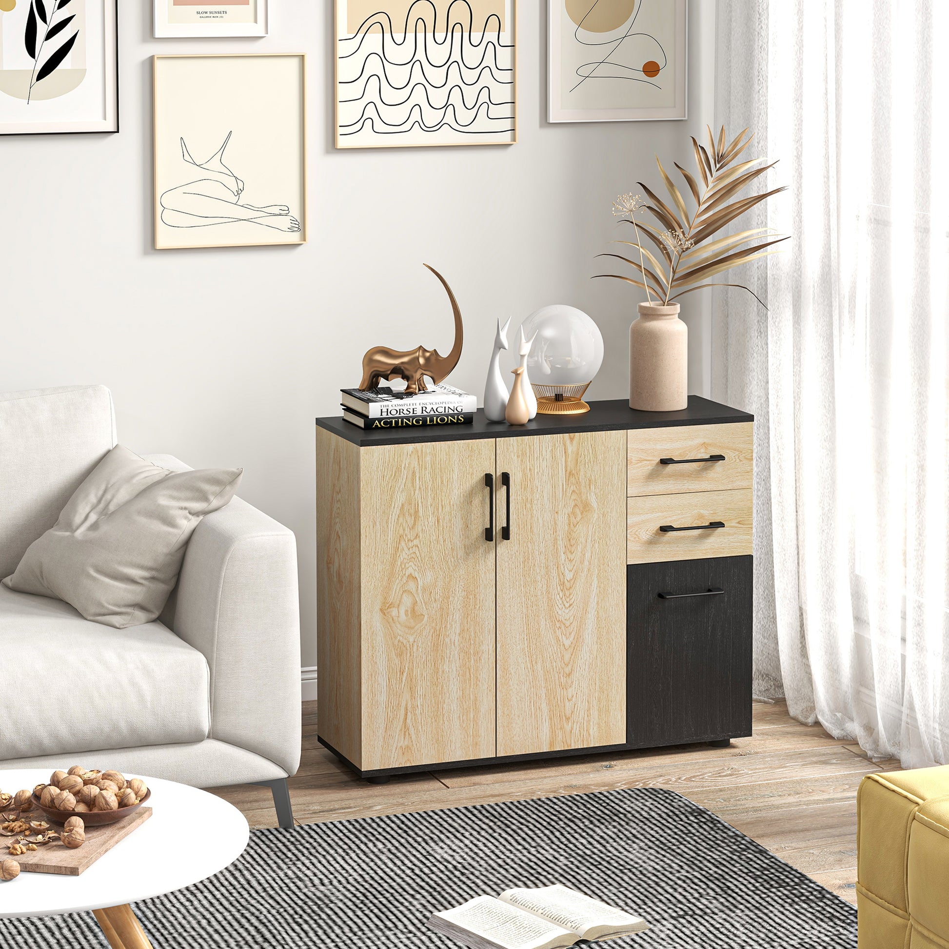 Storage Cabinet, Sideboard, Kitchen Cupboard, 2 Cupboards, Adjustable Shelf, 2 Drawers, Contemporary Style, for Living Room, Kitchen, Dining Room, 90 x 30 x 75.5 cm, Natural Black