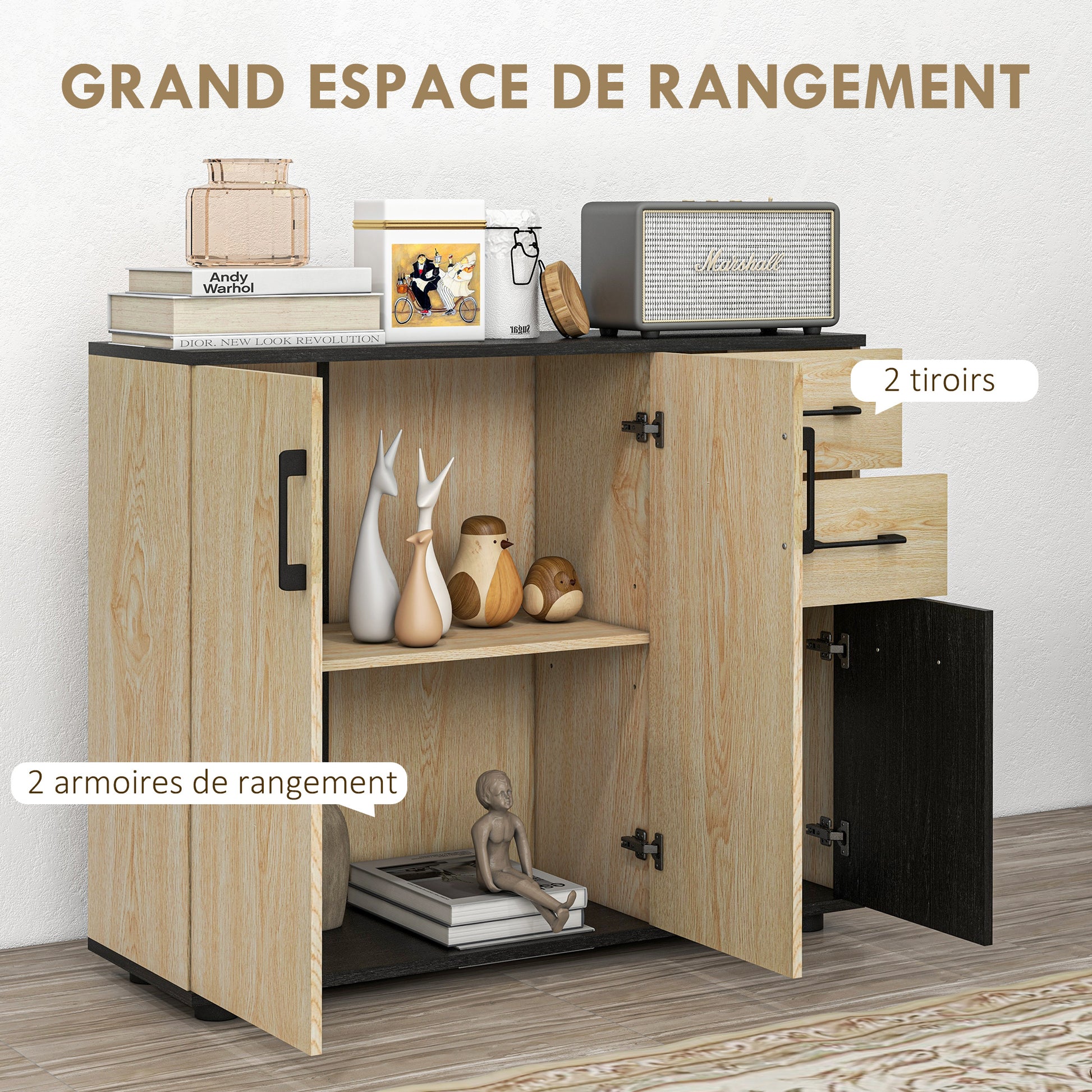 Storage Cabinet, Sideboard, Kitchen Cupboard, 2 Cupboards, Adjustable Shelf, 2 Drawers, Contemporary Style, for Living Room, Kitchen, Dining Room, 90 x 30 x 75.5 cm, Natural Black