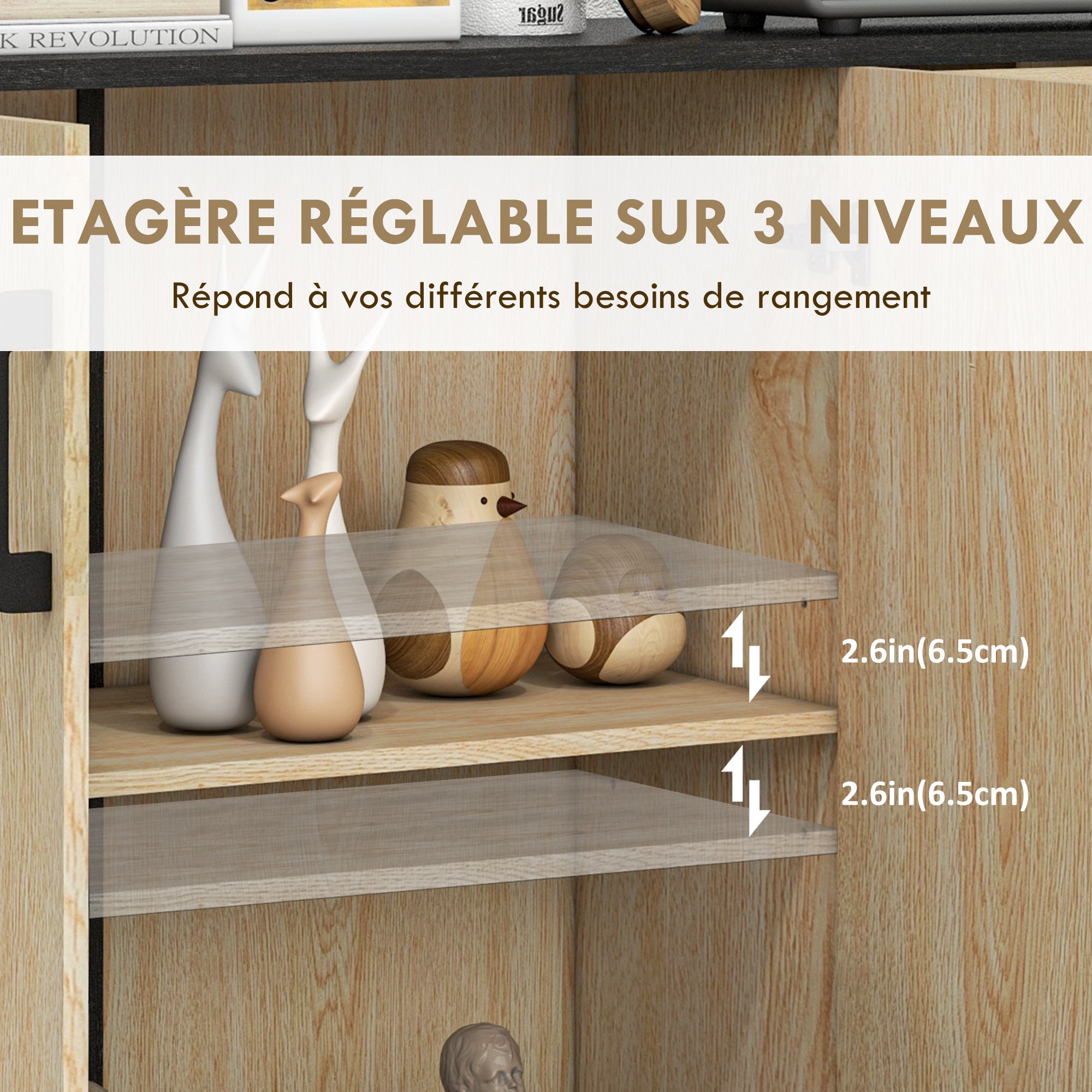 Storage Cabinet, Sideboard, Kitchen Cupboard, 2 Cupboards, Adjustable Shelf, 2 Drawers, Contemporary Style, for Living Room, Kitchen, Dining Room, 90 x 30 x 75.5 cm, Natural Black
