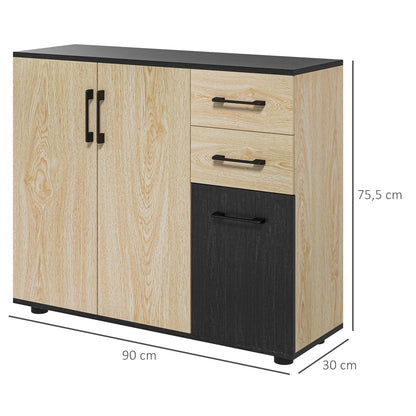 Storage Cabinet, Sideboard, Kitchen Cupboard, 2 Cupboards, Adjustable Shelf, 2 Drawers, Contemporary Style, for Living Room, Kitchen, Dining Room, 90 x 30 x 75.5 cm, Natural Black