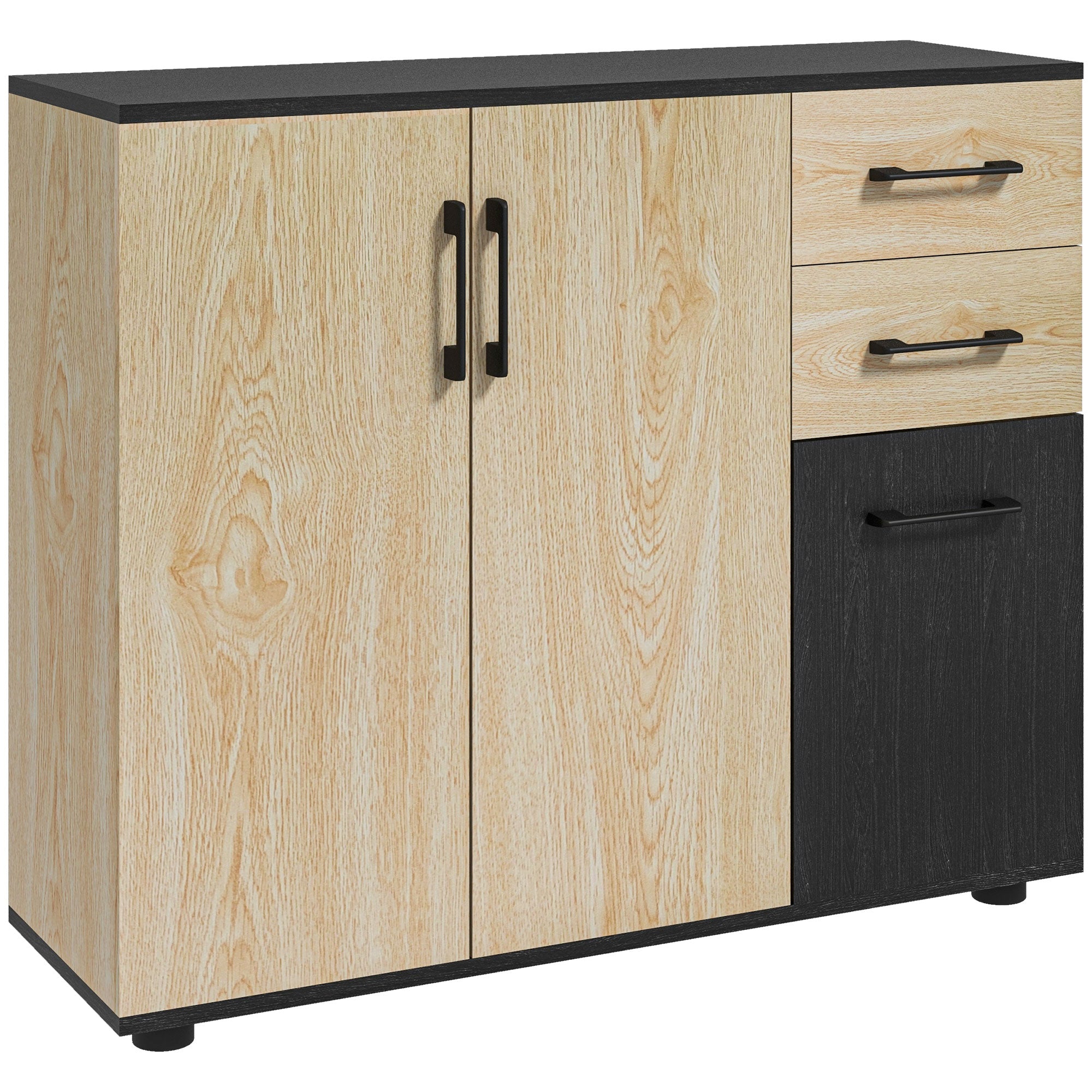Storage Cabinet, Sideboard, Kitchen Cupboard, 2 Cupboards, Adjustable Shelf, 2 Drawers, Contemporary Style, for Living Room, Kitchen, Dining Room, 90 x 30 x 75.5 cm, Natural Black
