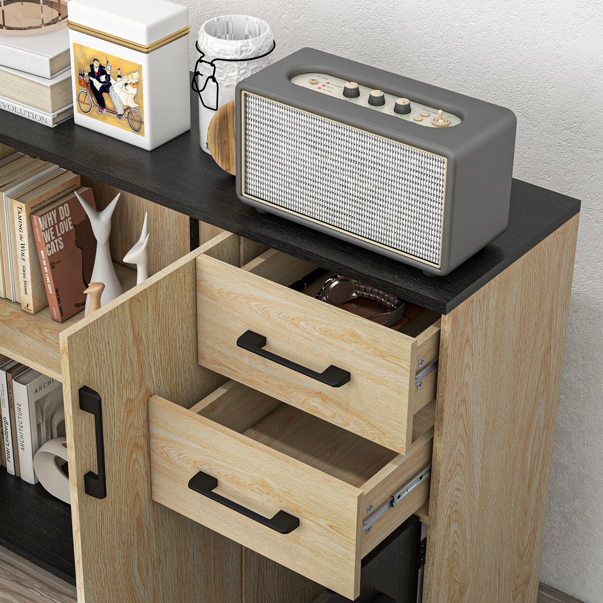 Storage Cabinet, Sideboard, Kitchen Cupboard, 2 Cupboards, Adjustable Shelf, 2 Drawers, Contemporary Style, for Living Room, Kitchen, Dining Room, 90 x 30 x 75.5 cm, Natural Black