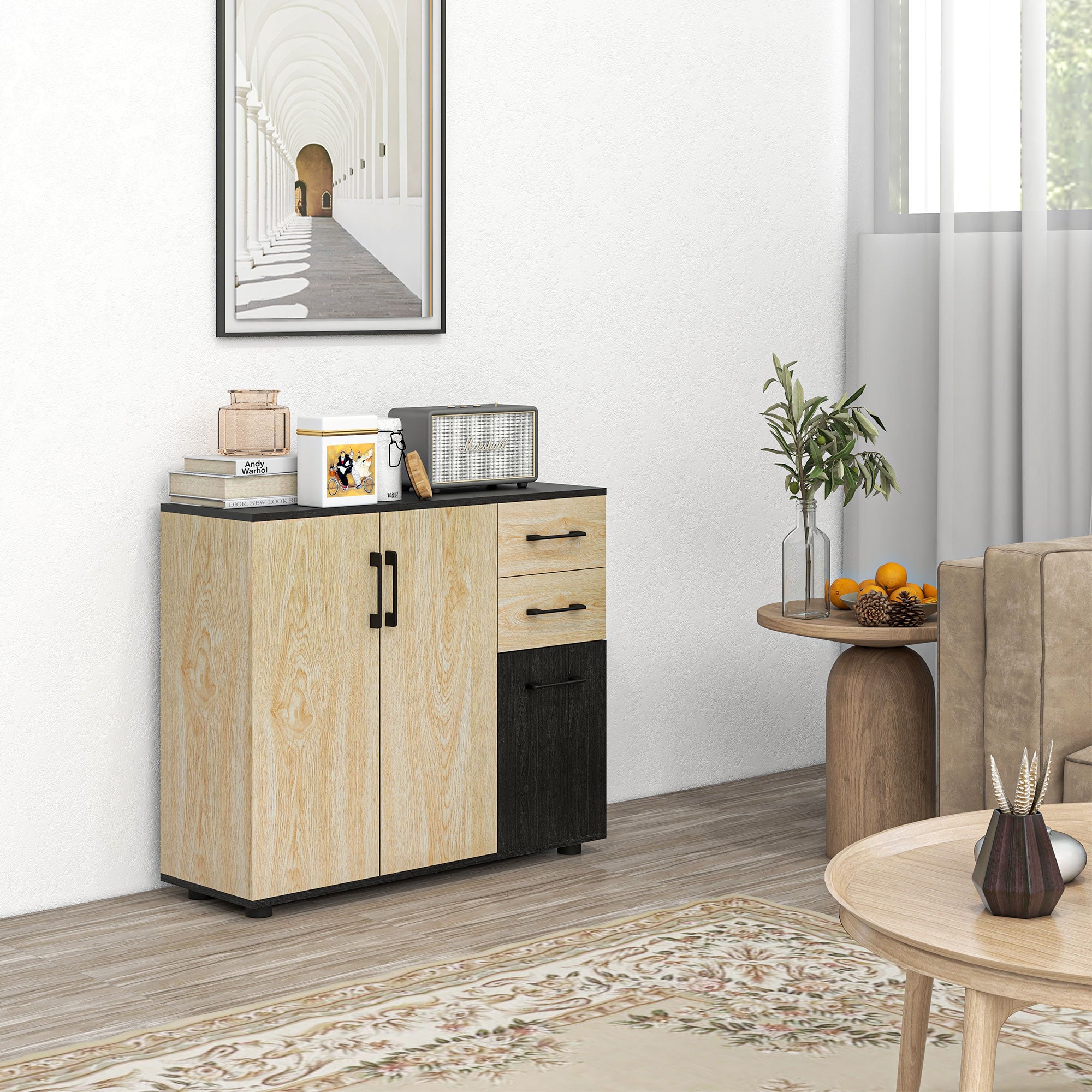 Storage Cabinet, Sideboard, Kitchen Cupboard, 2 Cupboards, Adjustable Shelf, 2 Drawers, Contemporary Style, for Living Room, Kitchen, Dining Room, 90 x 30 x 75.5 cm, Natural Black