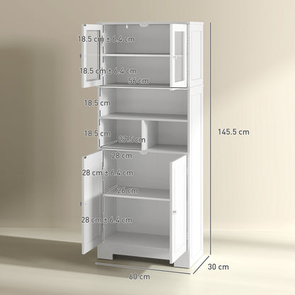 Kitchen Pantry Cabinet High Storage Cupboard with 2 Glass Doors Adjustable Shelves and Open Compartments 60x30x145.5 cm White