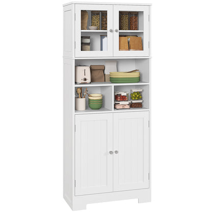 Kitchen Pantry Cabinet High Storage Cupboard with 2 Glass Doors Adjustable Shelves and Open Compartments 60x30x145.5 cm White