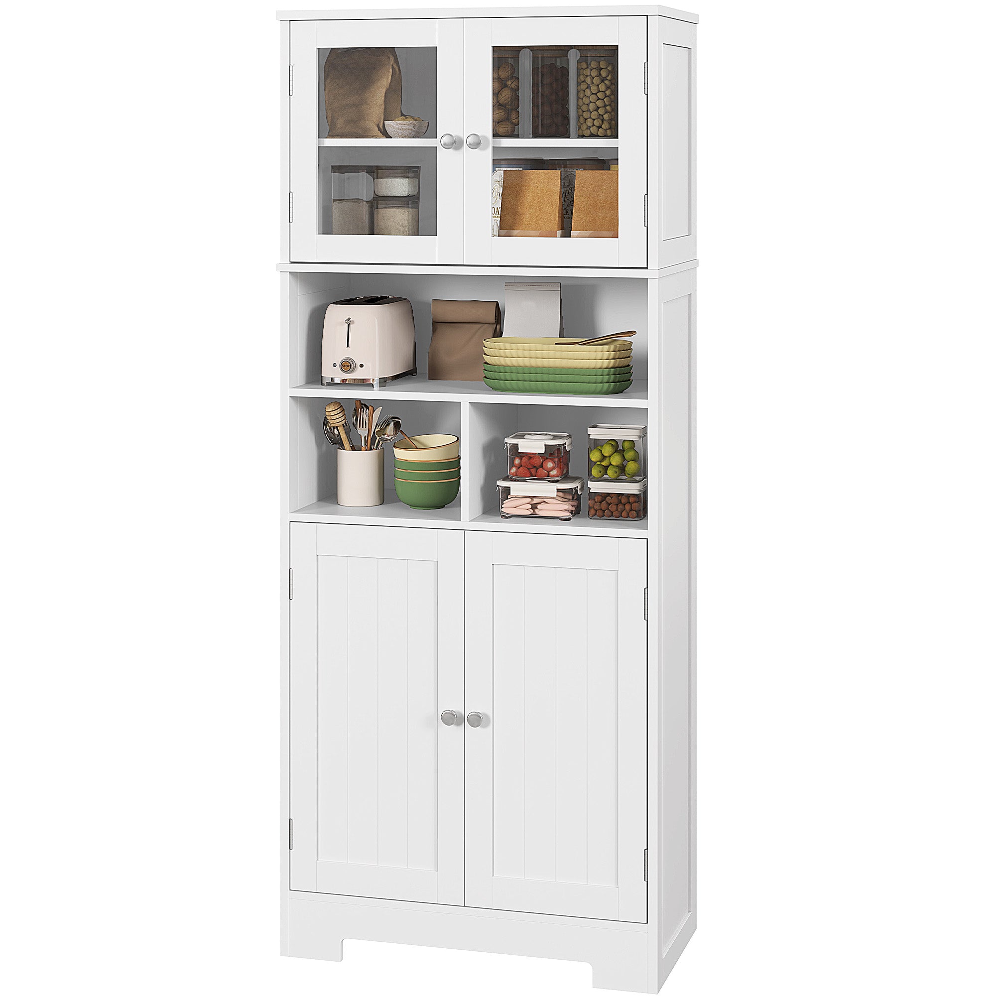 Kitchen Pantry Cabinet High Storage Cupboard with 2 Glass Doors Adjustable Shelves and Open Compartments 60x30x145.5 cm White