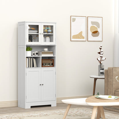 Kitchen Pantry Cabinet High Storage Cupboard with 2 Glass Doors Adjustable Shelves and Open Compartments 60x30x145.5 cm White