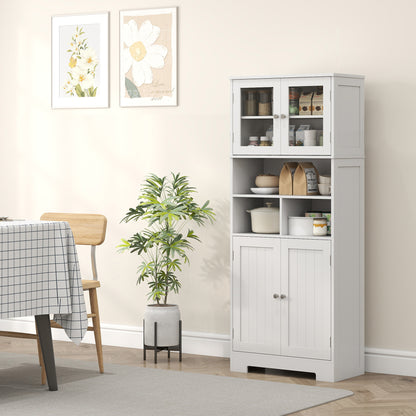 Kitchen Pantry Cabinet High Storage Cupboard with 2 Glass Doors Adjustable Shelves and Open Compartments 60x30x145.5 cm White