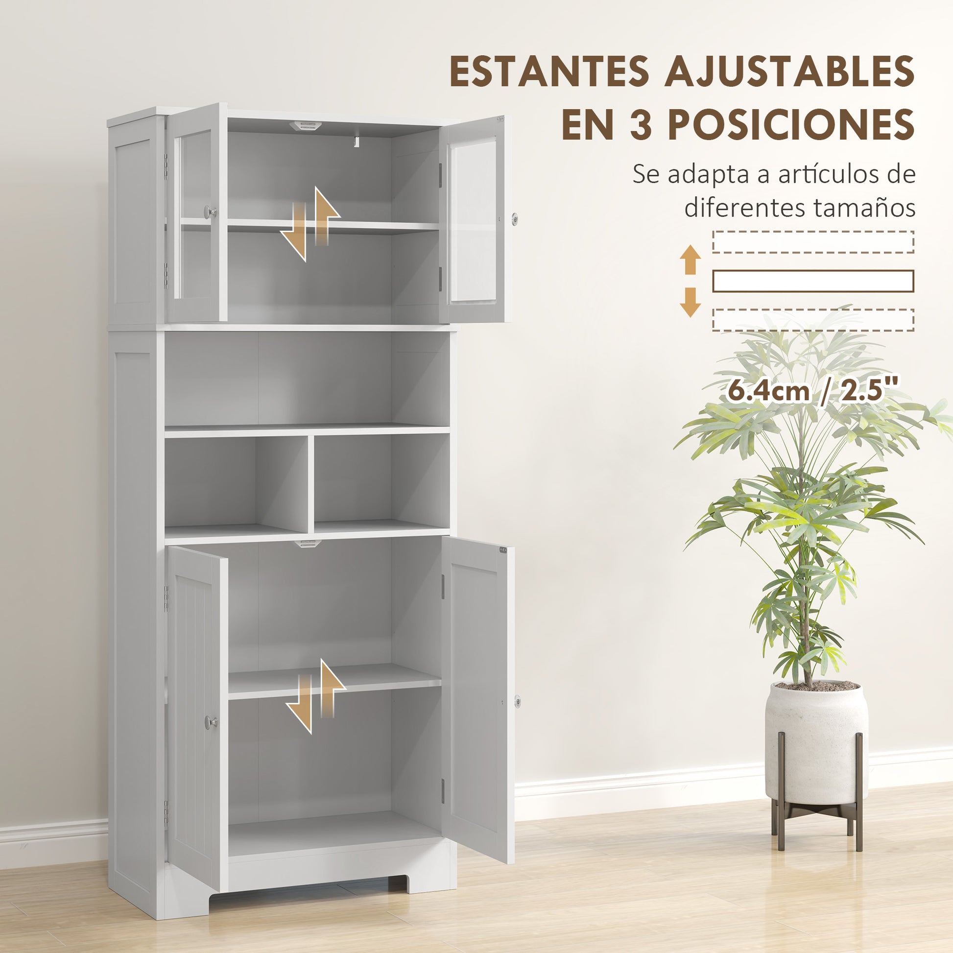 Kitchen Pantry Cabinet High Storage Cupboard with 2 Glass Doors Adjustable Shelves and Open Compartments 60x30x145.5 cm White