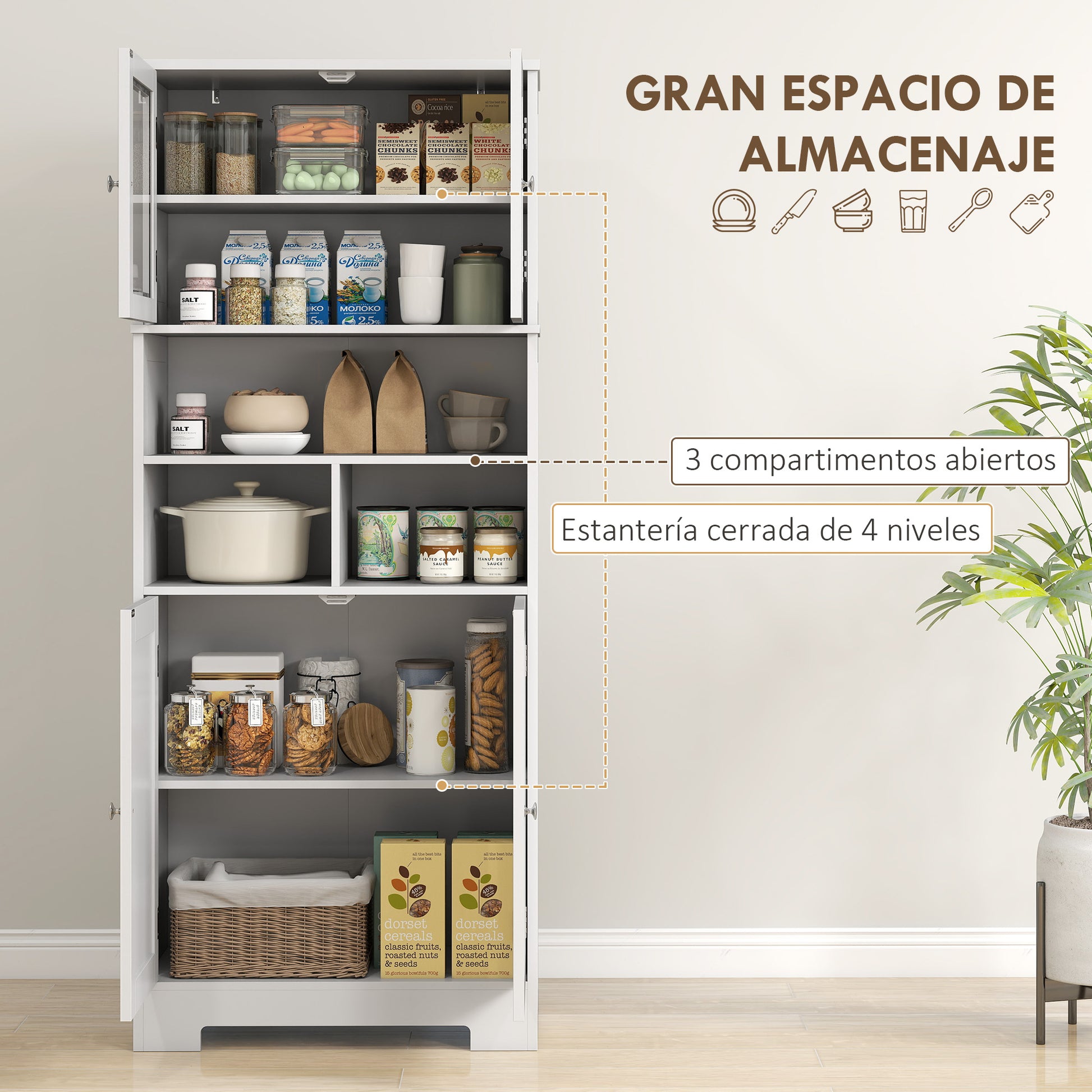 Kitchen Pantry Cabinet High Storage Cupboard with 2 Glass Doors Adjustable Shelves and Open Compartments 60x30x145.5 cm White
