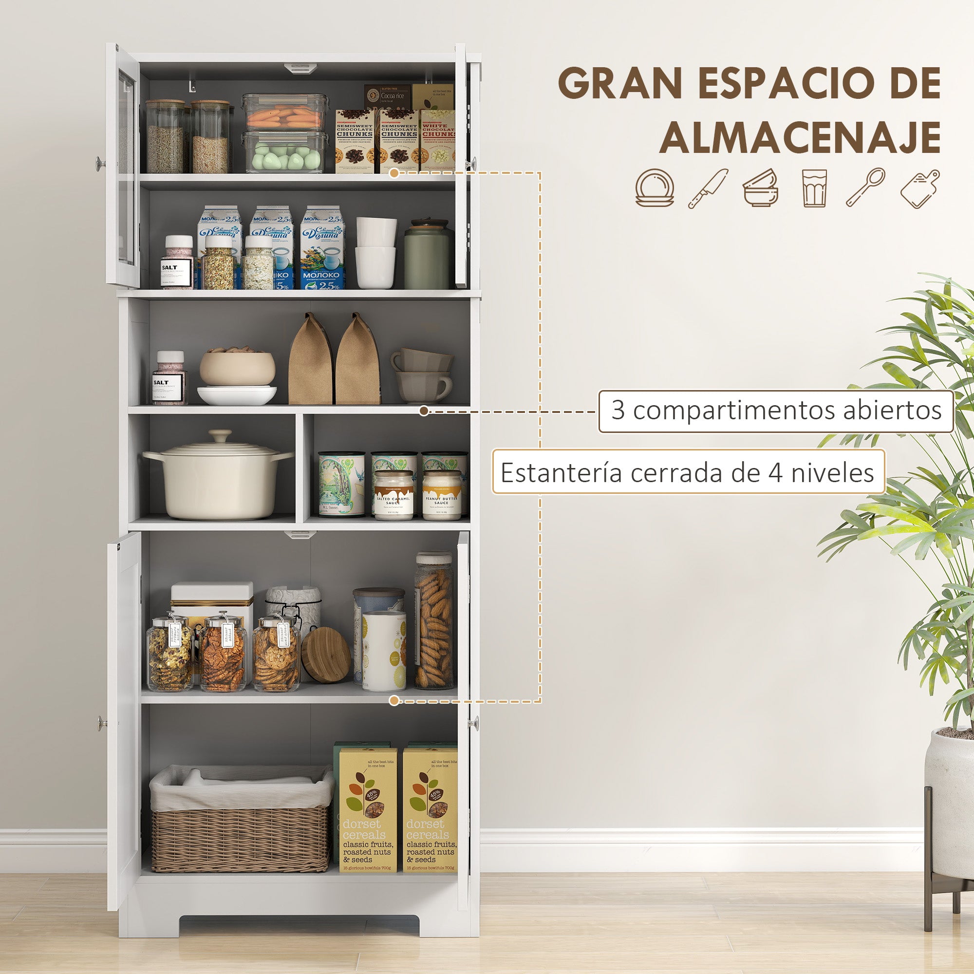 Kitchen Pantry Cabinet High Storage Cupboard with 2 Glass Doors Adjustable Shelves and Open Compartments 60x30x145.5 cm White