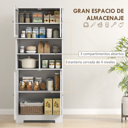 Kitchen Pantry Cabinet High Storage Cupboard with 2 Glass Doors Adjustable Shelves and Open Compartments 60x30x145.5 cm White