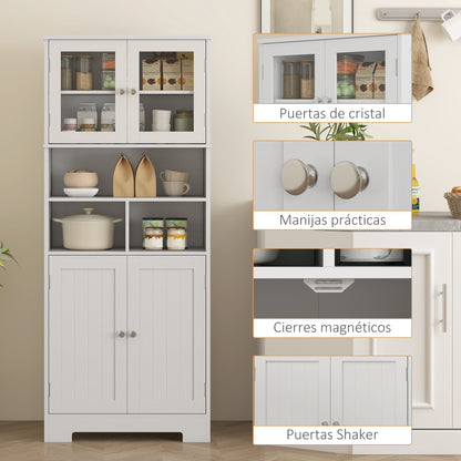 Kitchen Pantry Cabinet High Storage Cupboard with 2 Glass Doors Adjustable Shelves and Open Compartments 60x30x145.5 cm White
