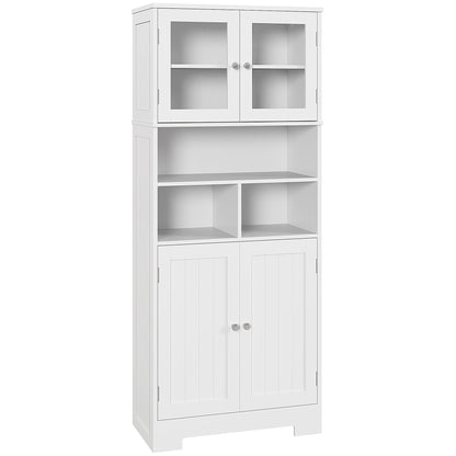 Kitchen Pantry Cabinet High Storage Cupboard with 2 Glass Doors Adjustable Shelves and Open Compartments 60x30x145.5 cm White