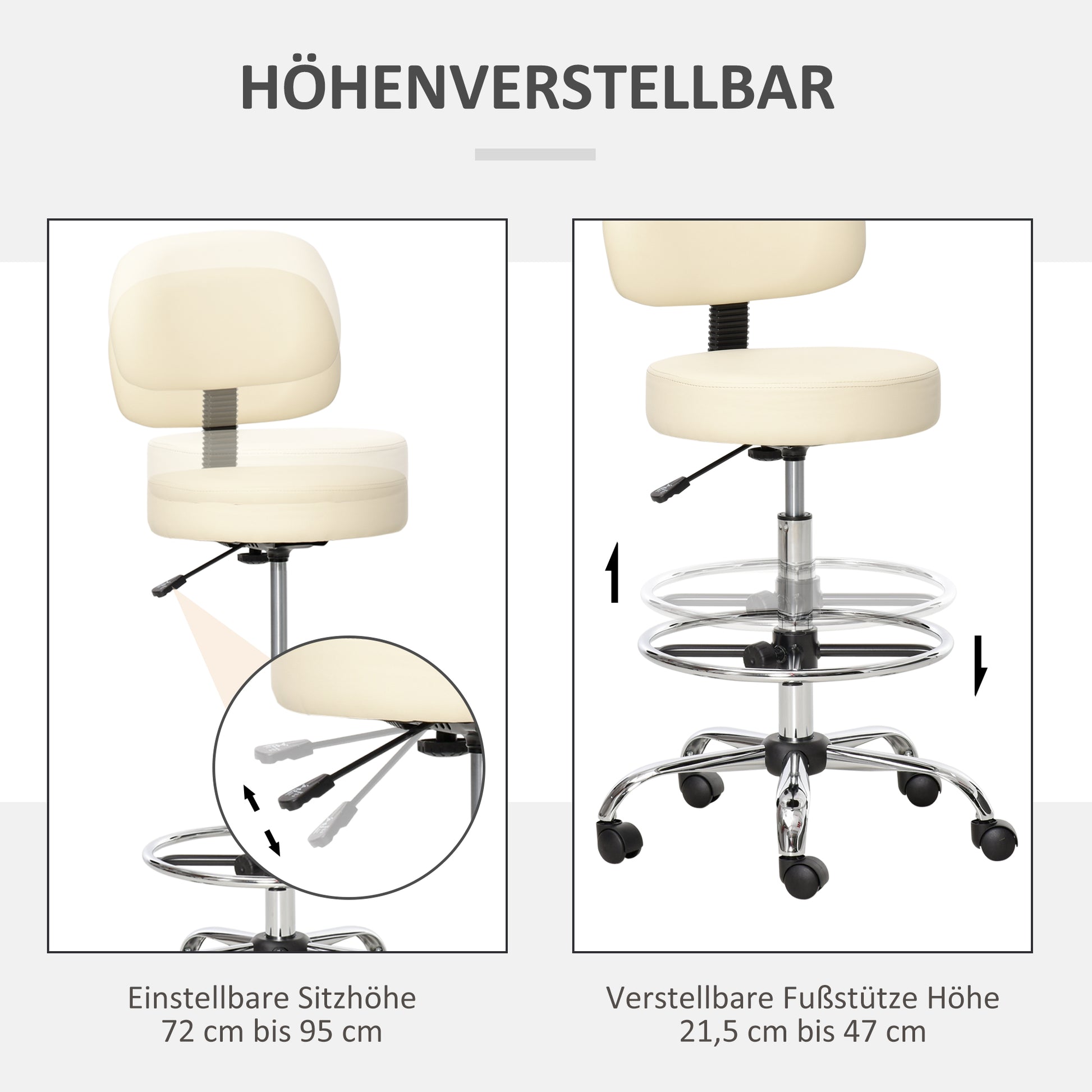 Bar Stool Swivel Chair Height Adjustable Bar Chair with Casters made of Faux Leather Office Stool 360° Swivel with Backrest Upholstered Beige 56 x 57 x 104-127 cm