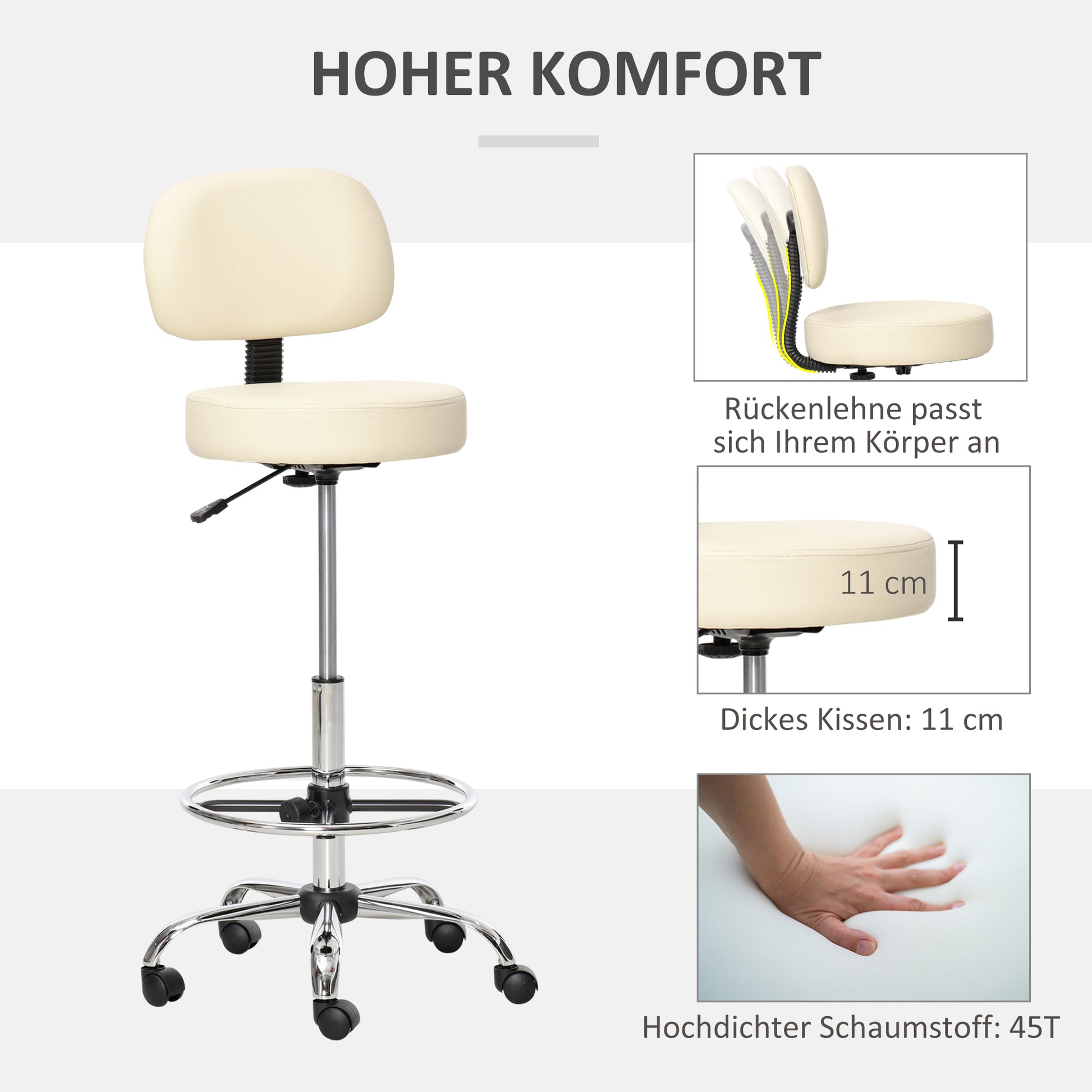 Bar Stool Swivel Chair Height Adjustable Bar Chair with Casters made of Faux Leather Office Stool 360° Swivel with Backrest Upholstered Beige 56 x 57 x 104-127 cm