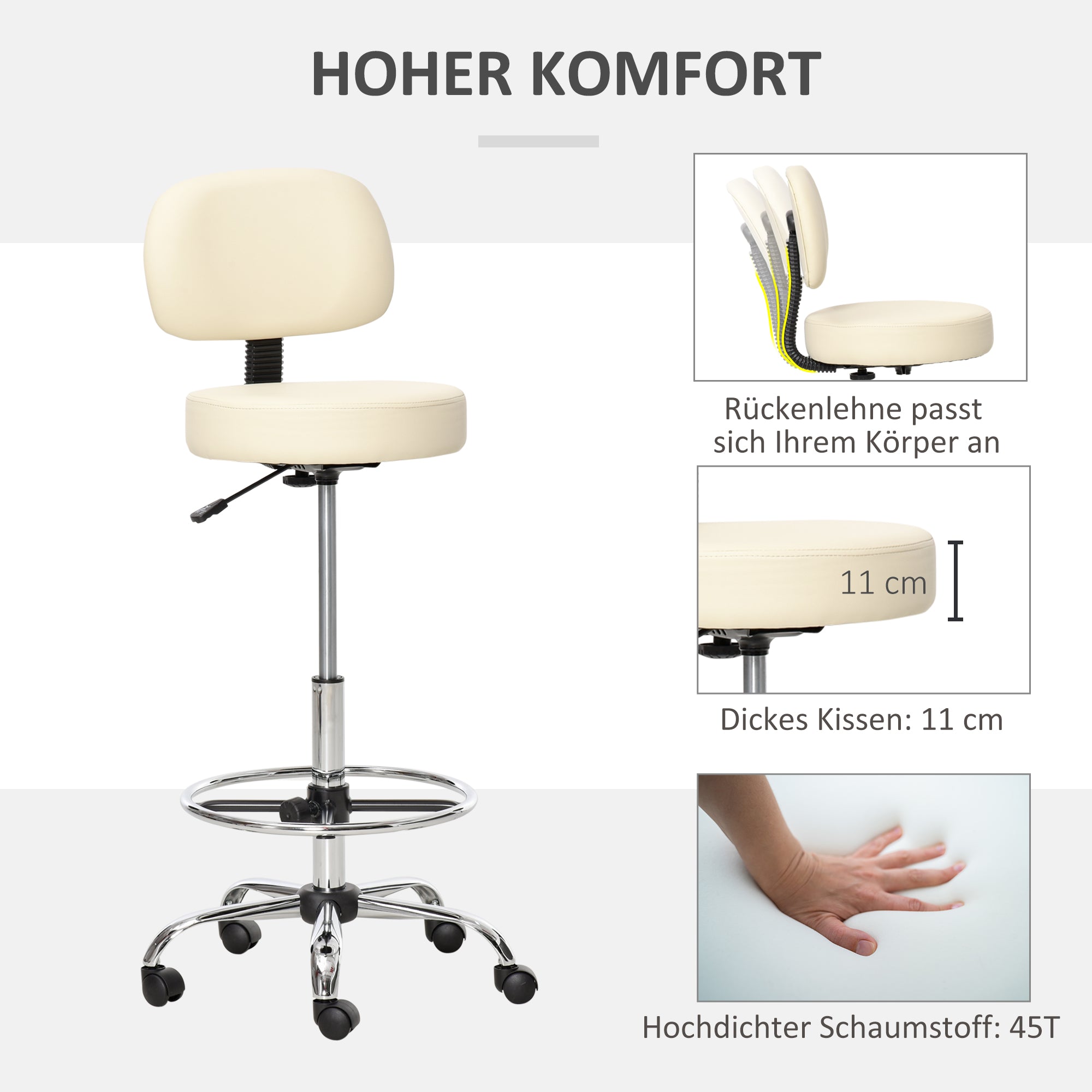 Bar Stool Swivel Chair Height Adjustable Bar Chair with Casters made of Faux Leather Office Stool 360° Swivel with Backrest Upholstered Beige 56 x 57 x 104-127 cm
