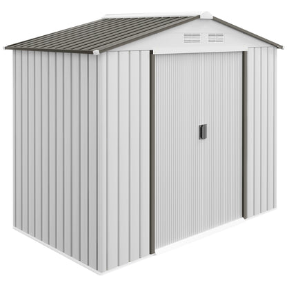 Garden Shed 2.5m² with Reinforcement Base No Floor 213x130x185 cm Outdoor Garden Shed with 2 Sliding Doors and 4 Windows for Tool Storage Silver