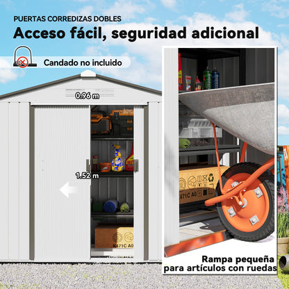 Garden Shed 2.5m² with Reinforcement Base No Floor 213x130x185 cm Outdoor Garden Shed with 2 Sliding Doors and 4 Windows for Tool Storage Silver