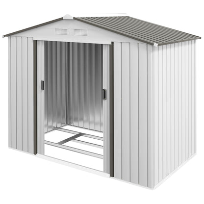 Garden Shed 2.5m² with Reinforcement Base No Floor 213x130x185 cm Outdoor Garden Shed with 2 Sliding Doors and 4 Windows for Tool Storage Silver