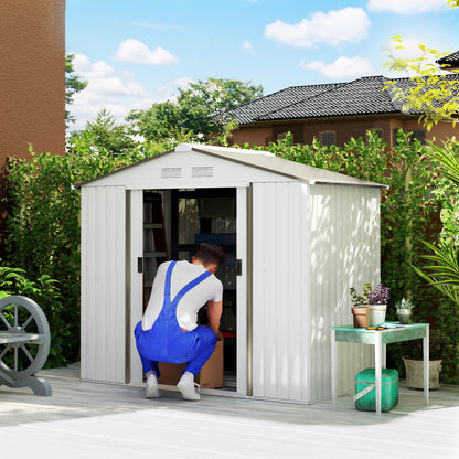 Garden Shed 2.5m² with Reinforcement Base No Floor 213x130x185 cm Outdoor Garden Shed with 2 Sliding Doors and 4 Windows for Tool Storage Silver
