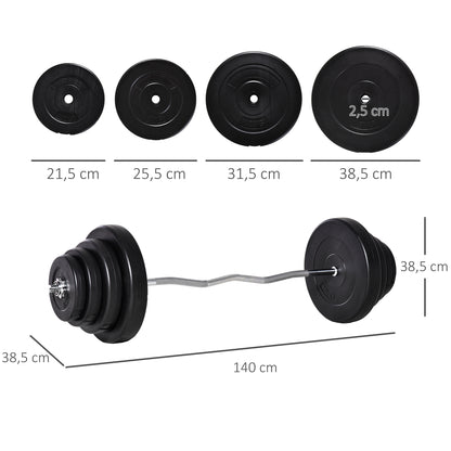 Curved 70 kg Weight Bar Curling Bar Set with 8 Interchangeable Weight Discs 2.5kg-15kg for Bodybuilding Training at Home Gym 140x38.5x38.5 cm Black