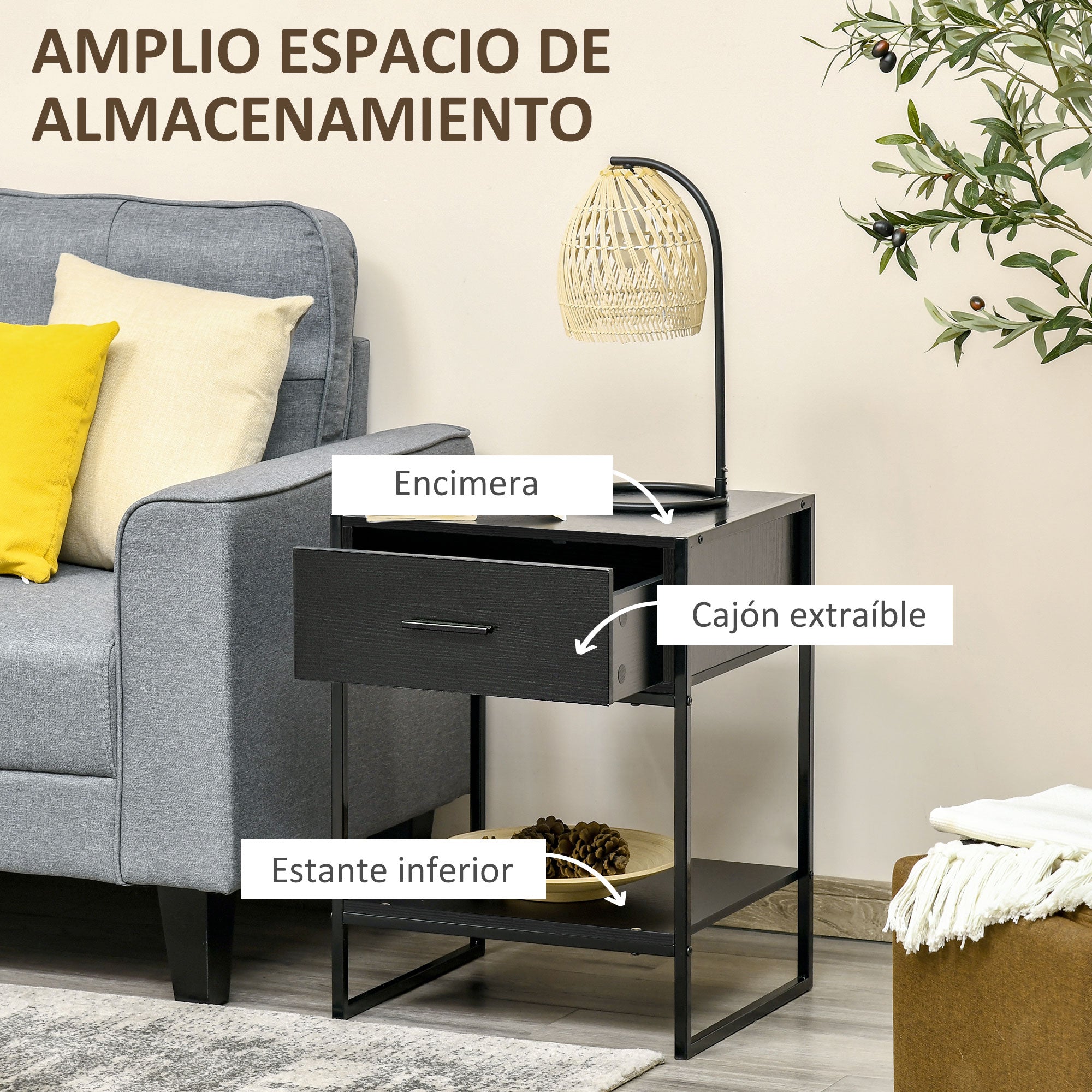 Nightstand Side Table with Drawer and Storage Shelf for Bedroom Living Room Bed Office Modern Style 45x40x60 cm Black