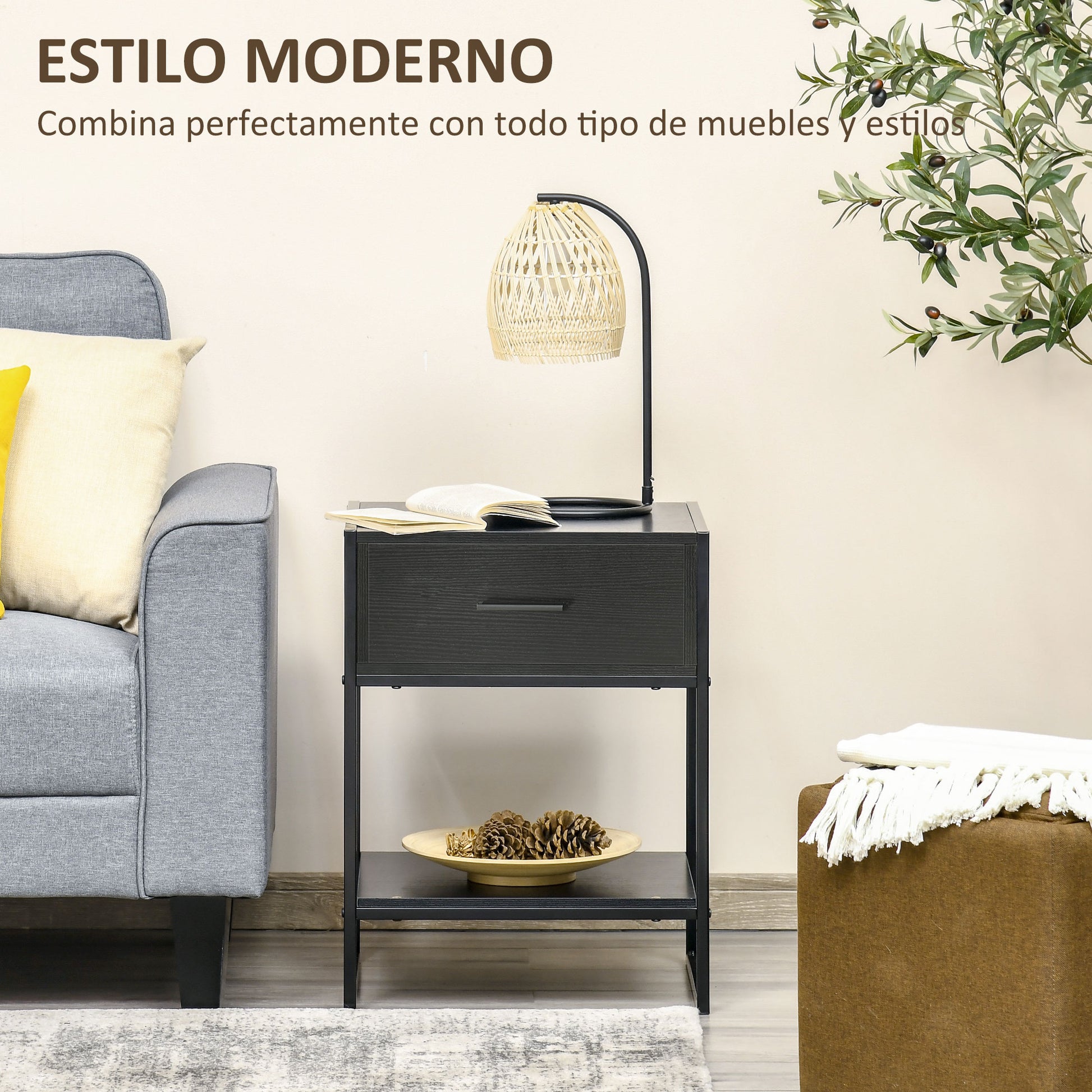 Nightstand Side Table with Drawer and Storage Shelf for Bedroom Living Room Bed Office Modern Style 45x40x60 cm Black