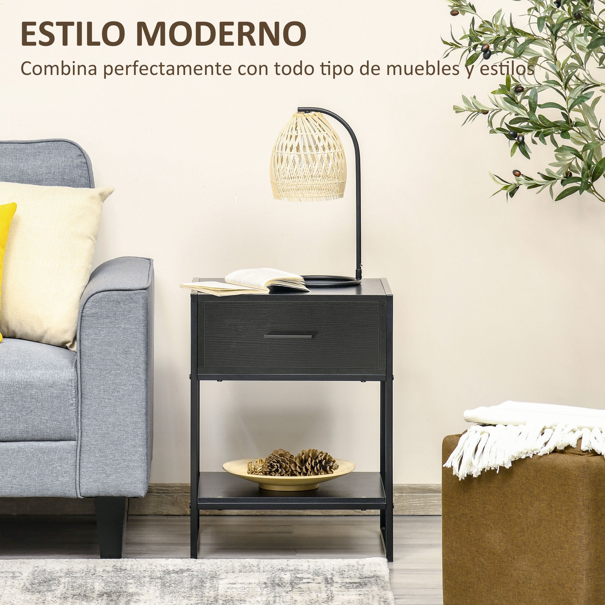 Nightstand Side Table with Drawer and Storage Shelf for Bedroom Living Room Bed Office Modern Style 45x40x60 cm Black