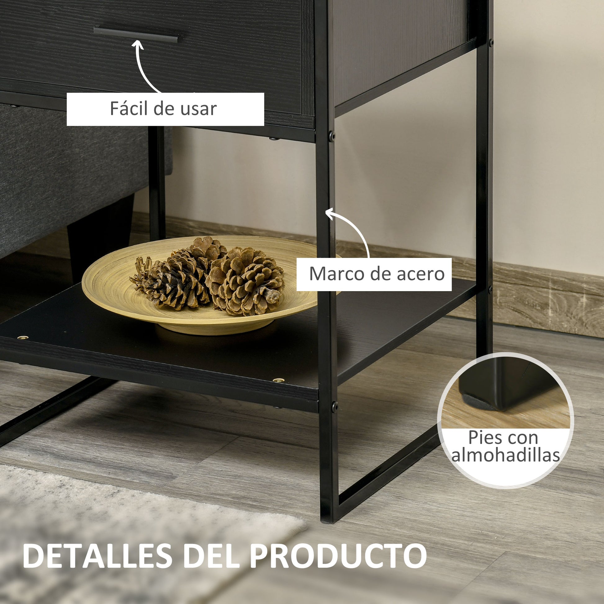 Nightstand Side Table with Drawer and Storage Shelf for Bedroom Living Room Bed Office Modern Style 45x40x60 cm Black