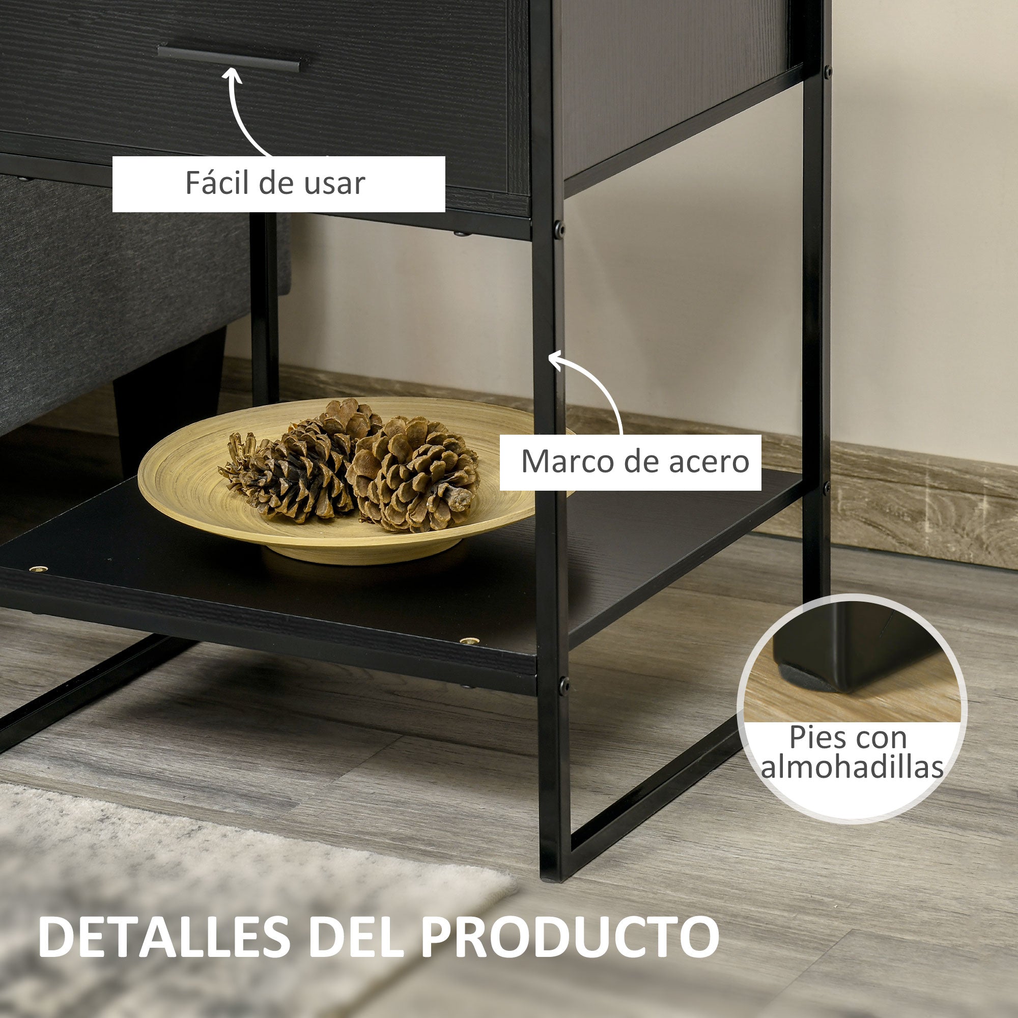Nightstand Side Table with Drawer and Storage Shelf for Bedroom Living Room Bed Office Modern Style 45x40x60 cm Black