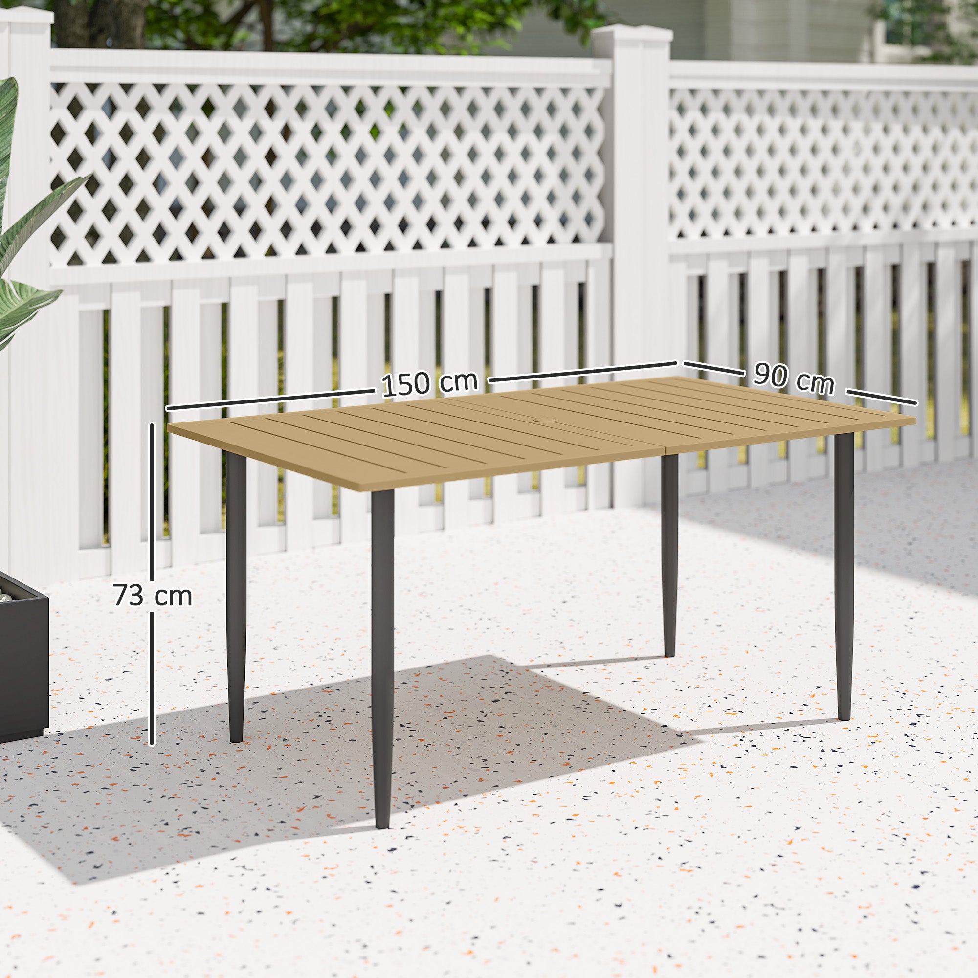 59.1 x 35.4 in Patio Dining Table with Umbrella Hole, Weather-Resistant Powder-Coated Steel Slatted Outdoor Table, Brown
