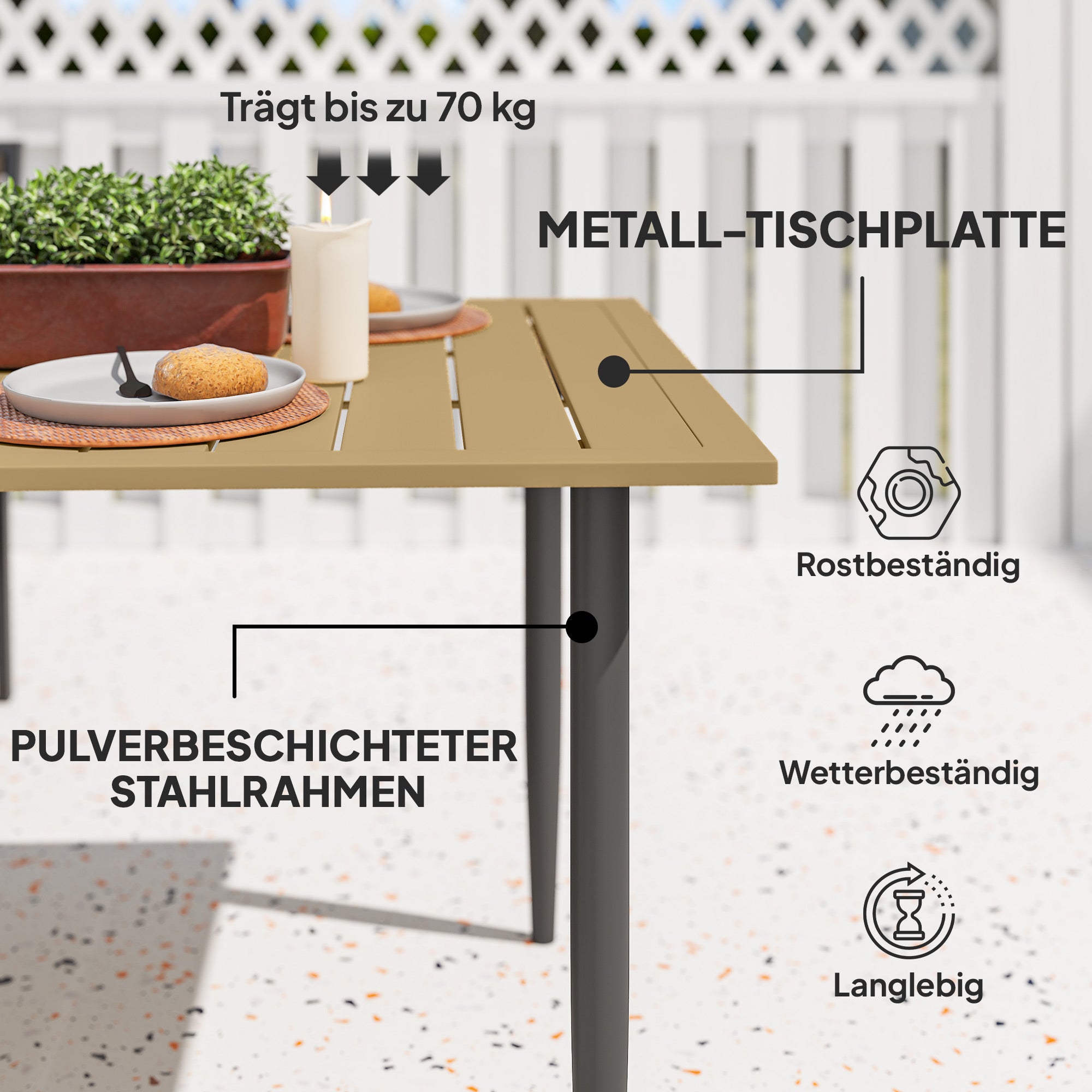 59.1 x 35.4 in Patio Dining Table with Umbrella Hole, Weather-Resistant Powder-Coated Steel Slatted Outdoor Table, Brown