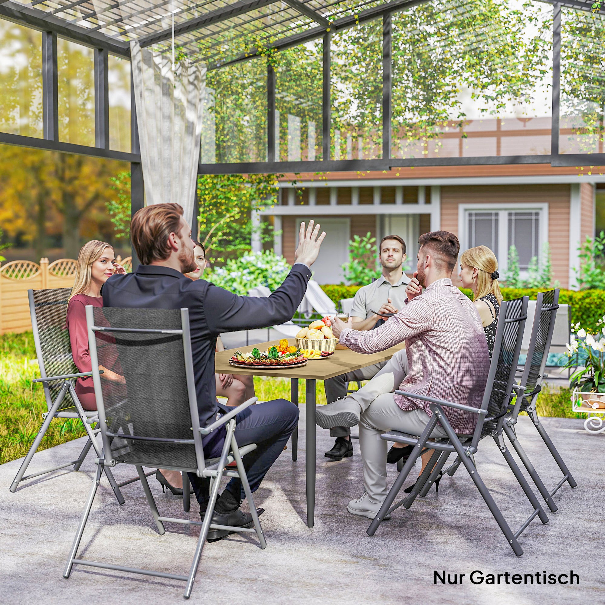 59.1 x 35.4 in Patio Dining Table with Umbrella Hole, Weather-Resistant Powder-Coated Steel Slatted Outdoor Table, Brown