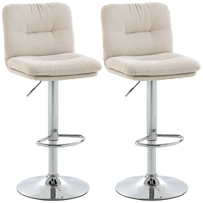 Set of 2 Swivel Bar Stools, Tall Counter Stools with Linen-Look Upholstery, Adjustable 25.2–33.9 in, Backrest, Footrest, Padded Seat & Steel Base, Beige