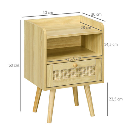 Set of 2 bedside tables nightstand with rattan effect drawer and open compartment, bedside table for bedroom, living room, 40 x 30 x 60 cm, natural wood effect
