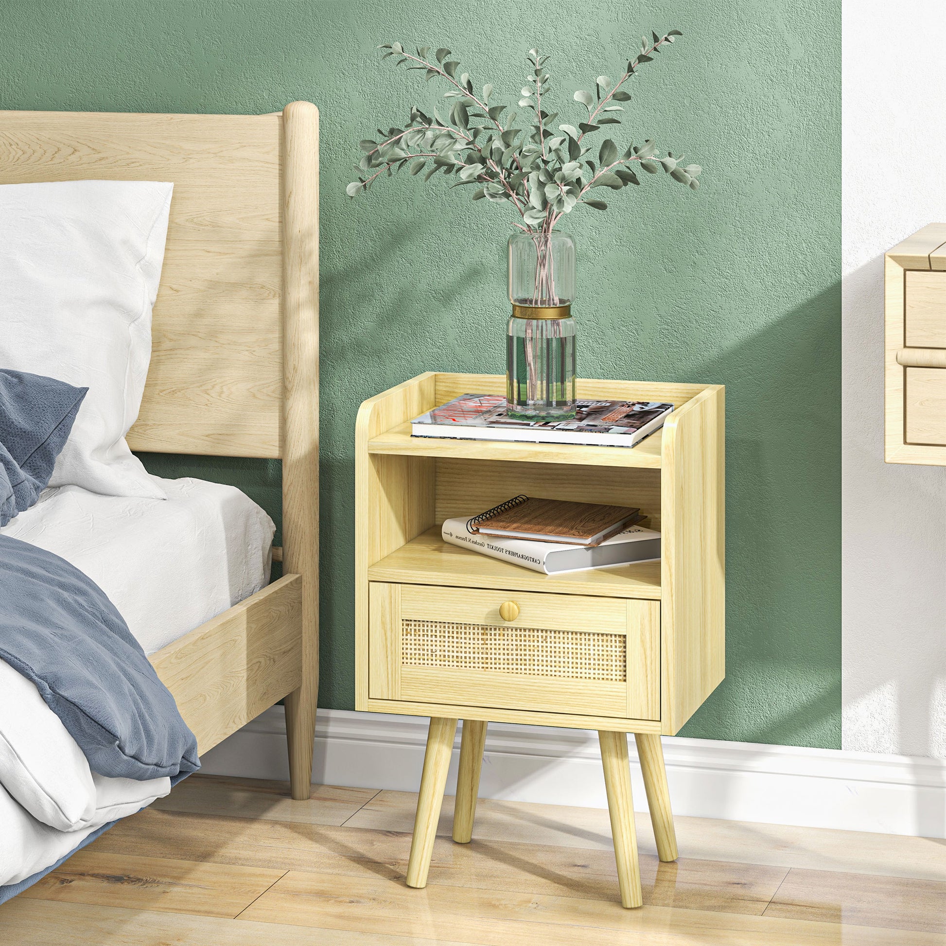 Set of 2 bedside tables nightstand with rattan effect drawer and open compartment, bedside table for bedroom, living room, 40 x 30 x 60 cm, natural wood effect