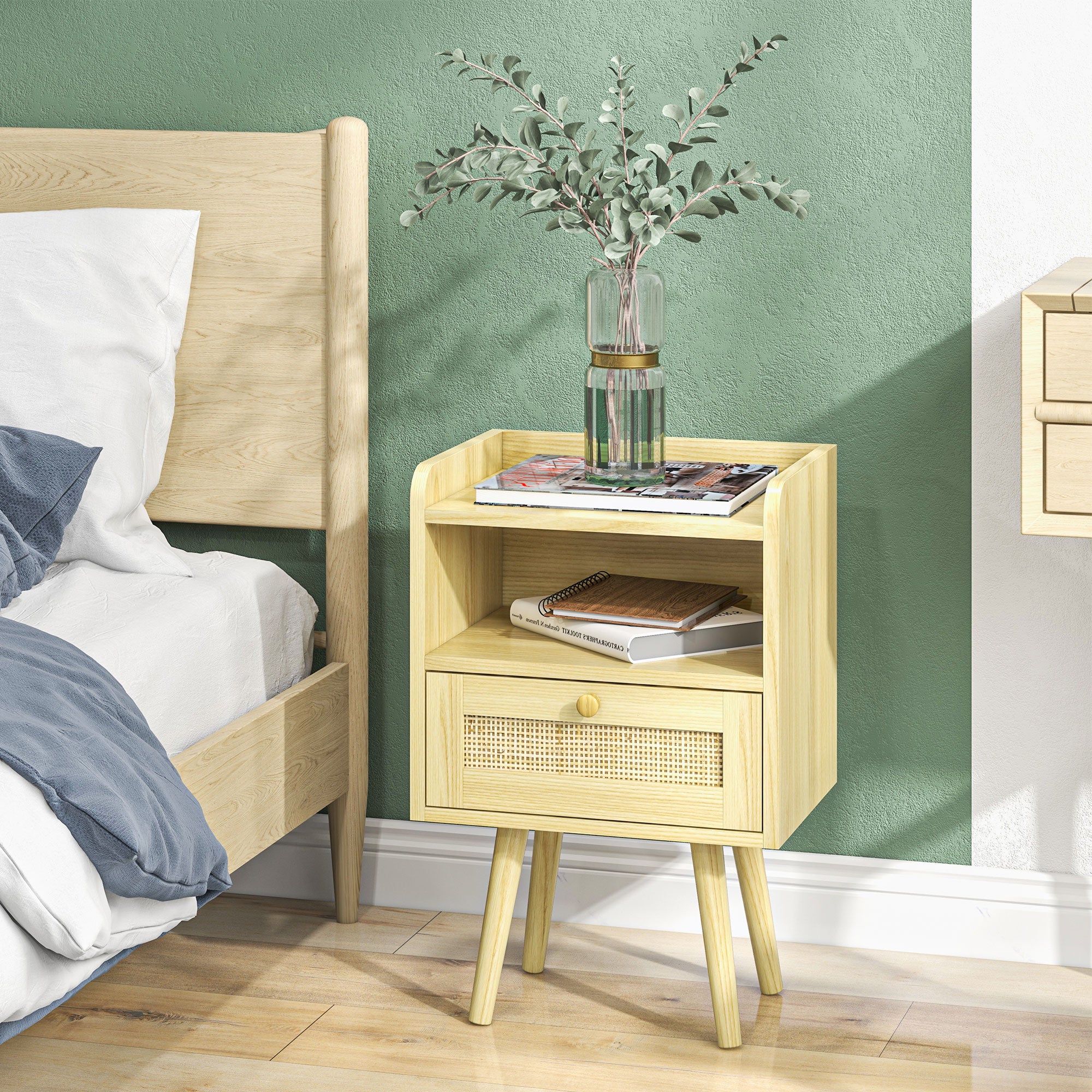 Set of 2 bedside tables nightstand with rattan effect drawer and open compartment, bedside table for bedroom, living room, 40 x 30 x 60 cm, natural wood effect