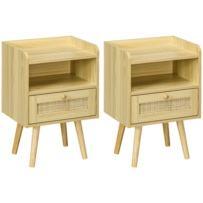Set of 2 bedside tables nightstand with rattan effect drawer and open compartment, bedside table for bedroom, living room, 40 x 30 x 60 cm, natural wood effect
